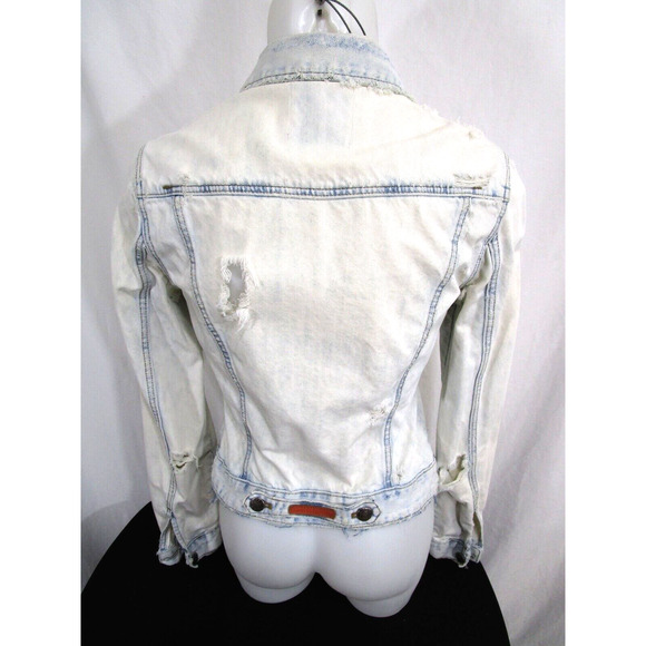 Zara Trafaluc Light Blue Acid Wash Denim Distressed Ripped Jean Jacket Women M - Picture 8 of 11